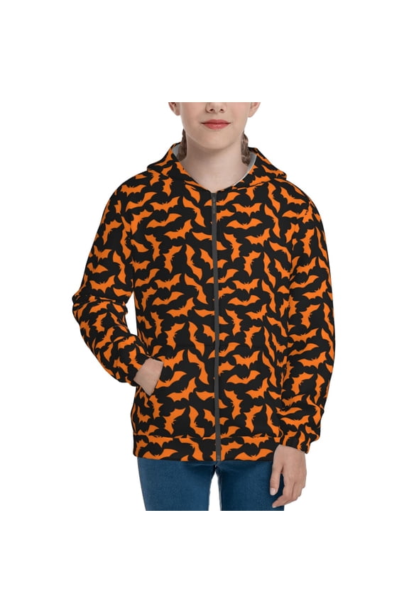 Halloween Bat Teenage Zipper Hoodie, Long Sleeve Zip Up Hoodies Casual Jackets Tops for 7-12 Years-Medium