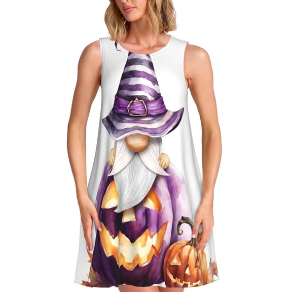 Naloa Halloween Gnome With Pumpkins Print Women's Summer Spring Casual Beach Sundress,Vacation Sleeveless Tank Crewneck Loose Dresses