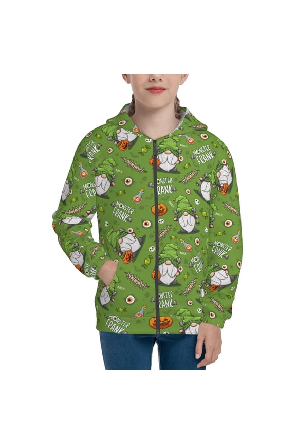 Halloween Monster Gnome Teenage Zipper Hoodie, Long Sleeve Zip Up Hoodies Casual Jackets Tops for 7-12 Years-Small