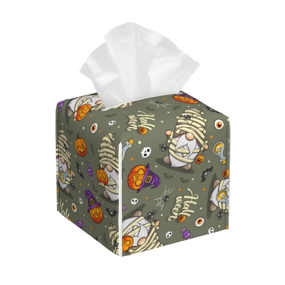 Naloa Halloween Mummy Gnome Tissue Box Cover Leather Tissue Holder Square Facial Tissue Case for Bathroom, Vanity Countertop, Tabletop, Car
