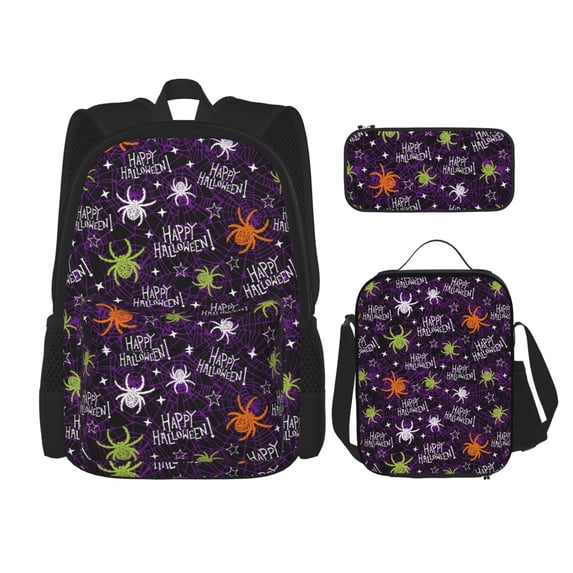 Naloa Halloween Print Large Capacity Backpack Lunch Bag Pencil Case Combination 3 Piece Set for Student