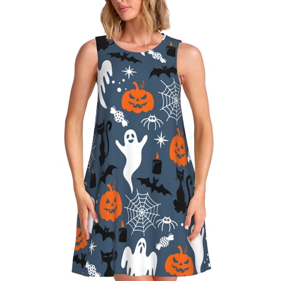 Naloa Halloween Print Women's Summer Spring Casual Beach Sundress,Vacation Sleeveless Tank Crewneck Loose Dresses