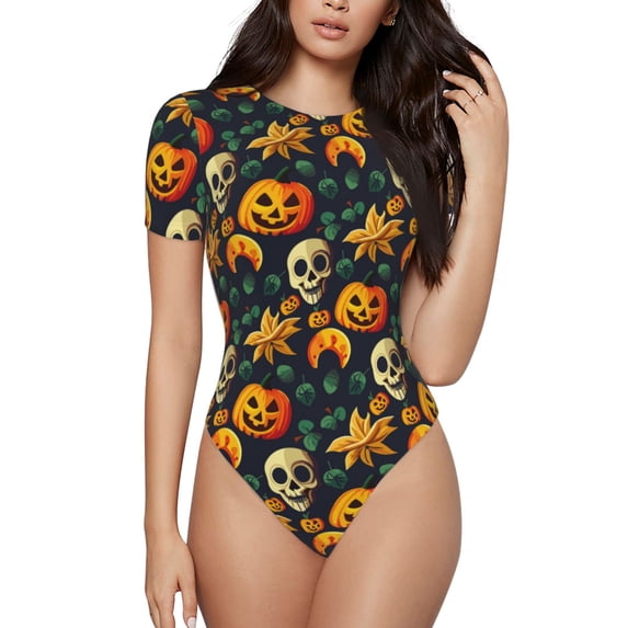 Naloa Halloween Skull Women's Short-Sleeved Onesie, One-Piece Swimsuit for Parties, dates, clubs - Large
