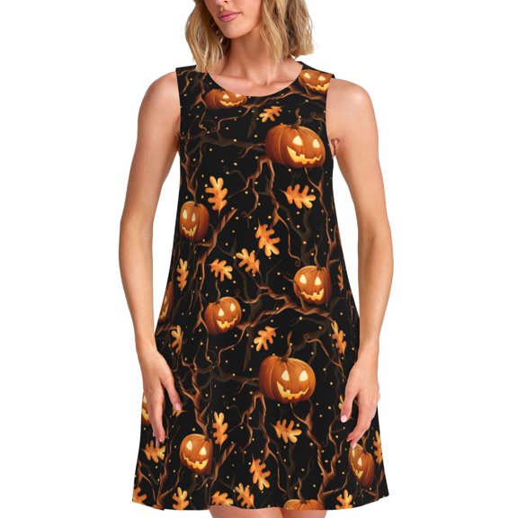 Naloa Halloween With Pumpkins Print Women's Summer Spring Casual Beach Sundress,Vacation Sleeveless Tank Crewneck Loose Dresses