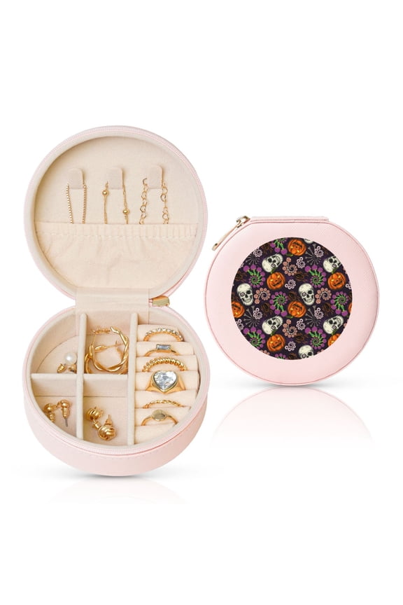 Halloween With Skull Round Jewelry Box, Travel Jewelry Organizer, 3.9 x 3.9 x 2in Jewelry Storage Box for Women-Pink