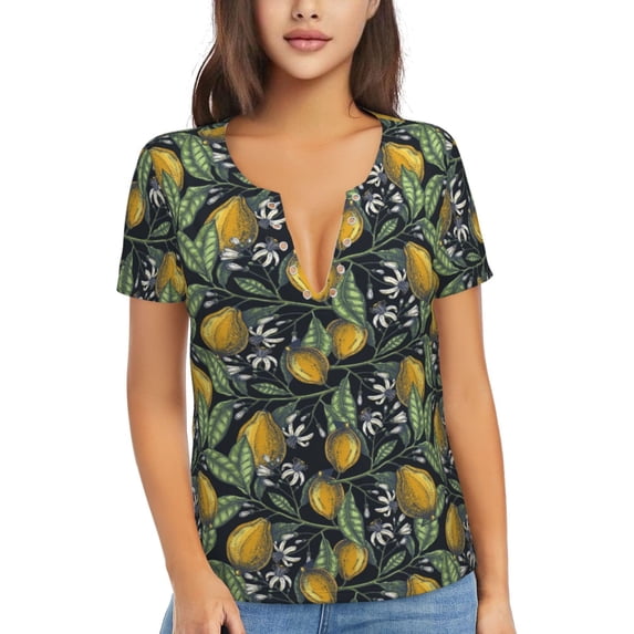 Naloa Hand Drawn Citrus Fruits Elegant Lemons Print T-Shirts Short Sleeve V Neck Tees for Women Fashion Tops Trendy Lightweight Soft Casual Summer Outfits Clothes