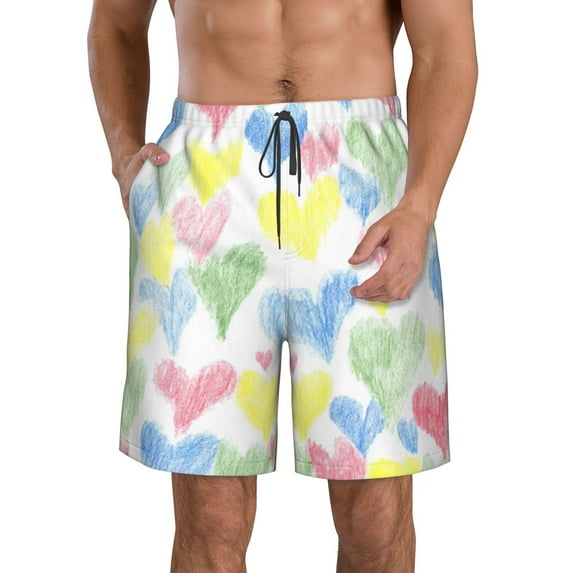 Naloa Hand Drawn Colored Hearts Men's Beach Shorts, Surfing shorts, Swim trunks, Quick Dry Swim Trunks for Surfing Beach Fun - Medium