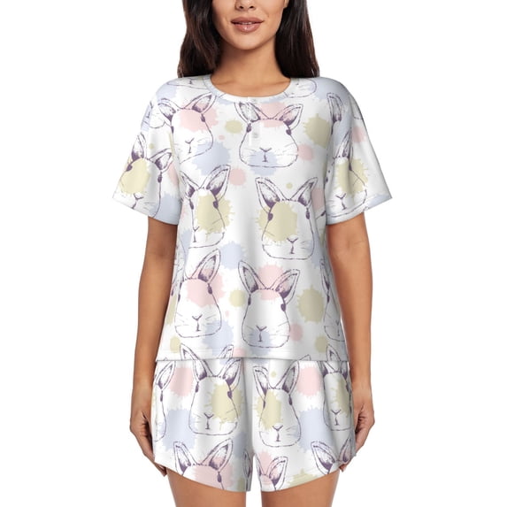 Naloa Hand Drawn Rabbit Women's Short-Sleeved Pajama Set, Loungewear, Summer pajamas, Breathable Cozy - Small