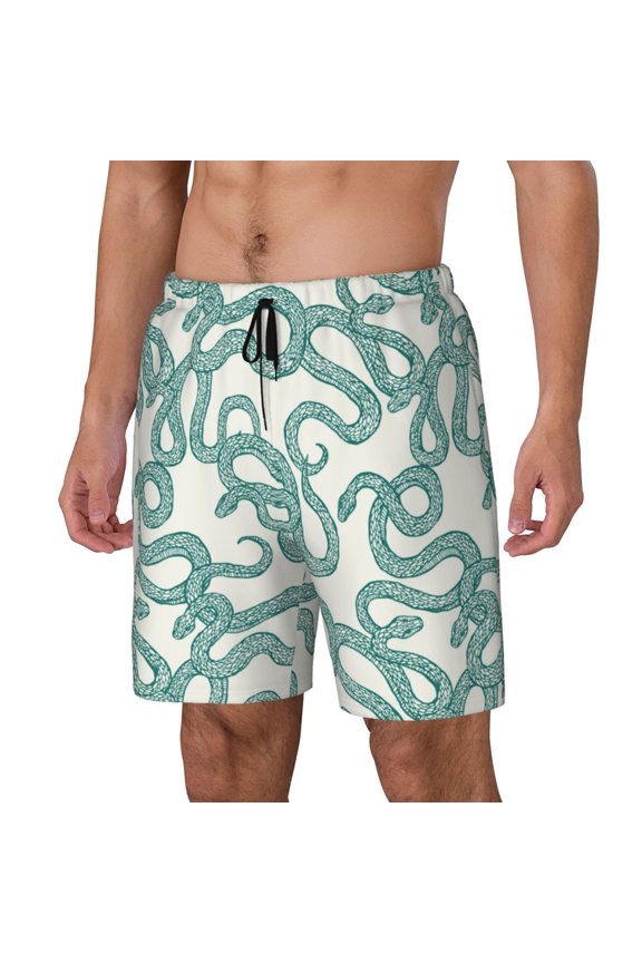 Hand Drawn Snake Print Men Swim Trunks with Compression Liner ,Board Shorts,Men's Swim Shorts with Drawstring and Elastic Waistband-Large