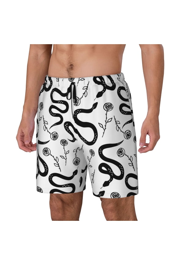 Hand Drawn Snake Print Men Swim Trunks with Compression Liner ,Board Shorts,Men's Swim Shorts with Drawstring and Elastic Waistband-Large