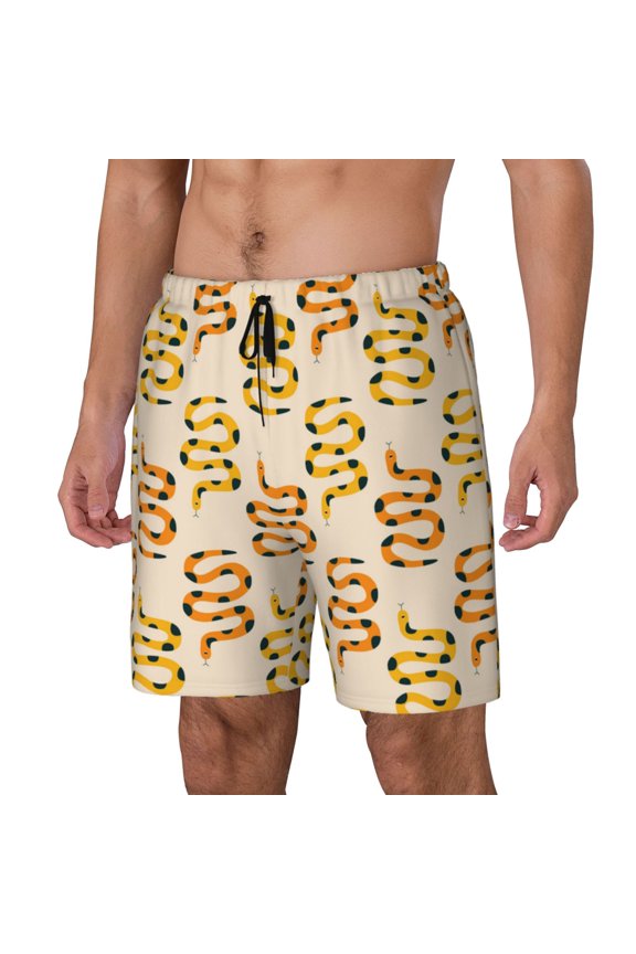 Hand Drawn Snake Print Men Swim Trunks with Compression Liner ,Board Shorts,Men's Swim Shorts with Drawstring and Elastic Waistband-Small
