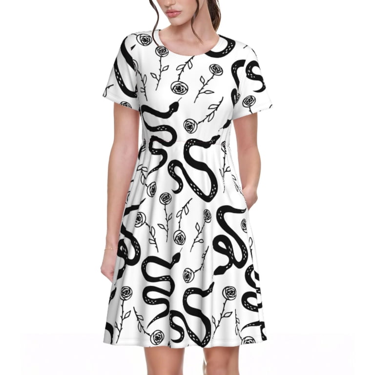 short sleeve snake print dress Naloa Hand Drawn Snake Print Womens Summer A-Line Dress with Pockets,Short  Sleeve Dresses,Flowy Beach Swing Dress for Vacation Travel
