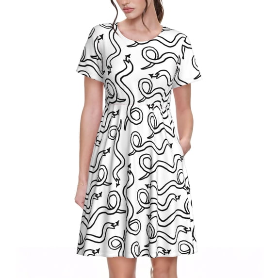 Naloa Hand Drawn Snake Print Womens Summer A-Line Dress with Pockets,Short Sleeve Dresses,Flowy Beach Swing Dress for Vacation Travel