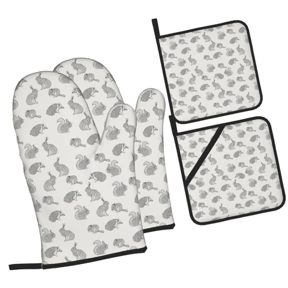 Naloa Hand Drawn Squirrel Oven Mitts and Pot Holders 4 pcs Set, Cooking Baking Grilling Kitchen Oven Glove for Cooking