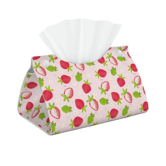 Naloa Hand Drawn Strawberry Print Leather Tissue Box Cover Rectangle | Long Tissue Box Cover | Tissue Box Holder | Tissue Holder for Bathroom