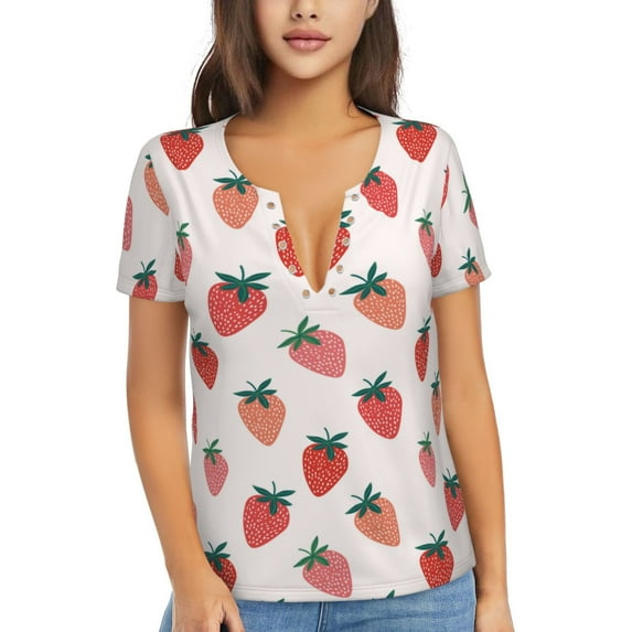 Naloa Hand Drawn Strawberry Print T-Shirts Short Sleeve V Neck Tees for Women Fashion Tops Trendy Lightweight Soft Casual Summer Outfits Clothes