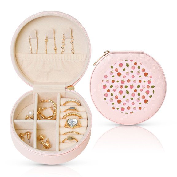 Naloa Hand Drawn Strawberry Round Jewelry Box, Travel Jewelry Organizer, 3.9 x 3.9 x 2in Jewelry Storage Box for Women-Pink