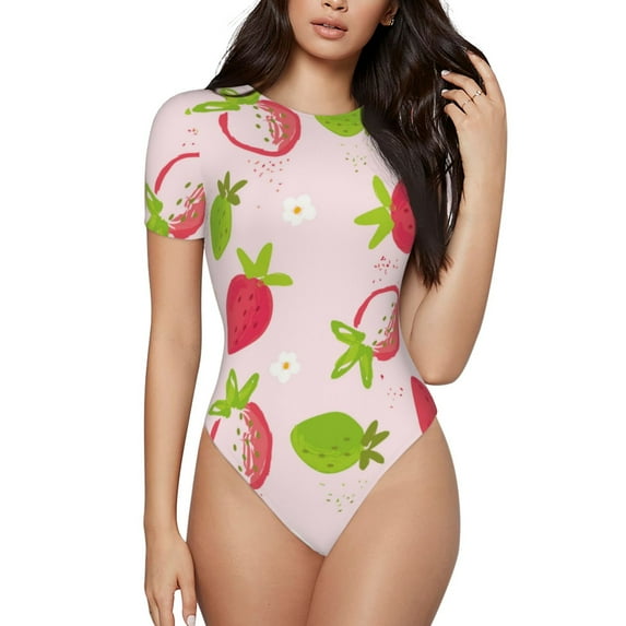Naloa Hand Drawn Strawberry Women's Short-Sleeved Onesie, One-Piece Swimsuit for Parties, dates, clubs - Medium