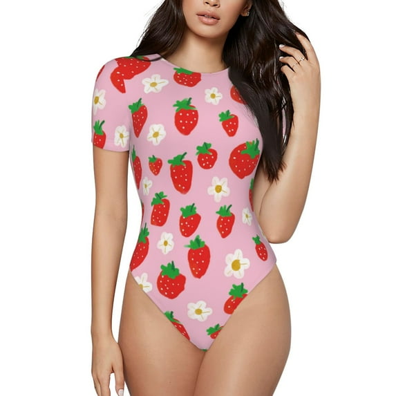 Naloa Hand Drawn Strawberry Women's Short-Sleeved Onesie, One-Piece Swimsuit for Parties, dates, clubs - Medium