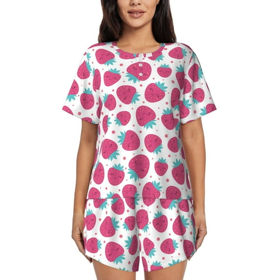 Naloa Hand Drawn Strawberry Women's Short-Sleeved Pajama Set, Loungewear, Summer pajamas, Breathable Cozy - 4X-Large