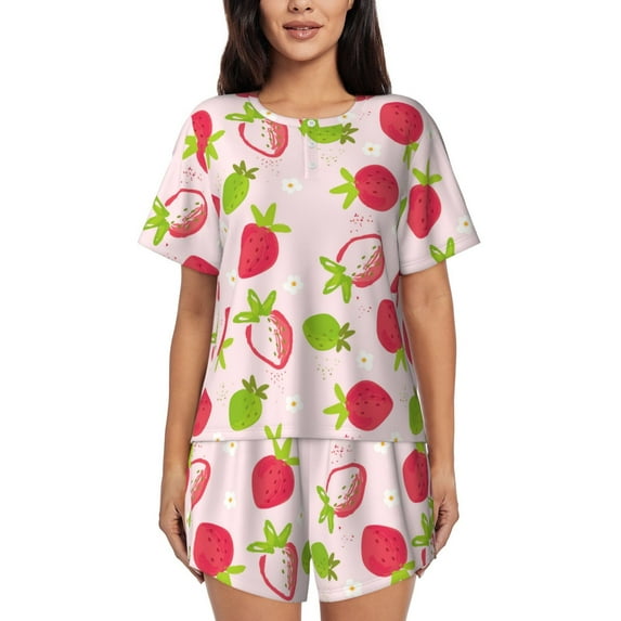 Naloa Hand Drawn Strawberry Women's Short-Sleeved Pajama Set, Loungewear, Summer pajamas, Breathable Cozy - Large