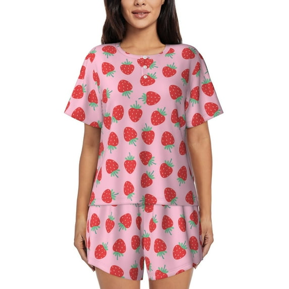 Naloa Hand Drawn Strawberry Women's Short-Sleeved Pajama Set, Loungewear, Summer pajamas, Breathable Cozy - Large