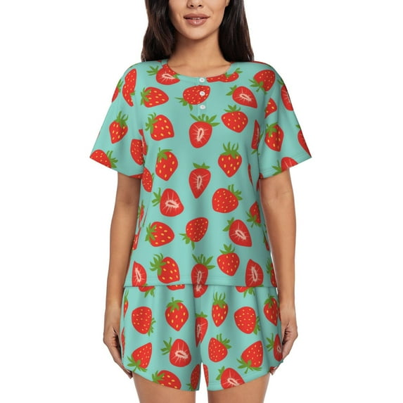 Naloa Hand Drawn Strawberry Women's Short-Sleeved Pajama Set, Loungewear, Summer pajamas, Breathable Cozy - Large
