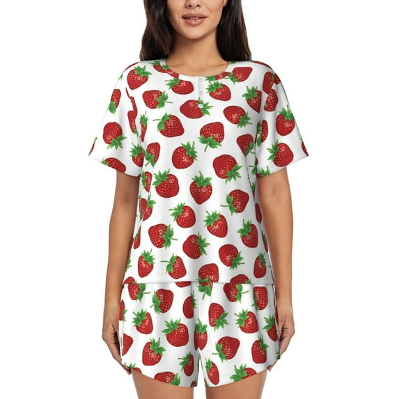 Naloa Hand Drawn Strawberry Women's Short-Sleeved Pajama Set, Loungewear, Summer pajamas, Breathable Cozy - X-Large