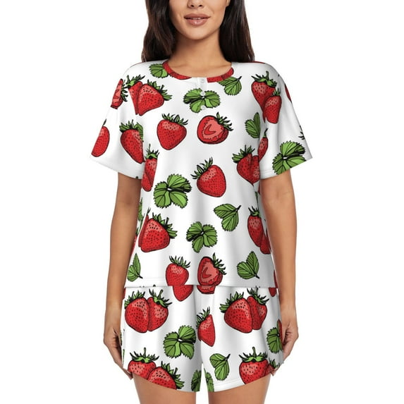 Naloa Hand Drawn Strawberry Women's Short-Sleeved Pajama Set, Loungewear, Summer pajamas, Breathable Cozy - X-Large