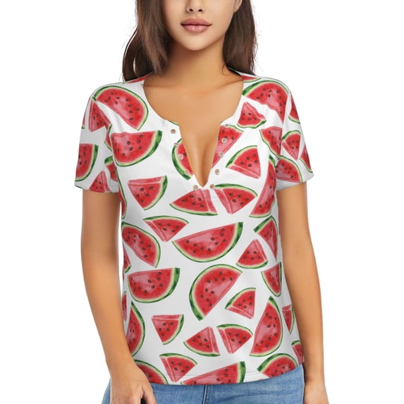 Naloa Hand Drawn Watermelon Print T-Shirts Short Sleeve V Neck Tees for Women Fashion Tops Trendy Lightweight Soft Casual Summer Outfits Clothes