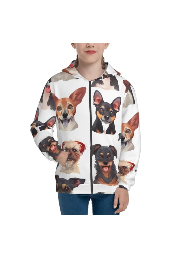 Happy Dog Faces Collage Teenage Zipper Hoodie, Long Sleeve Zip Up Hoodies Casual Jackets Tops for 7-12 Years-Small