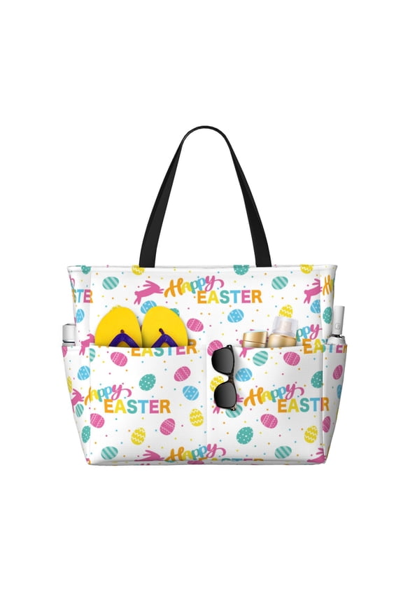 Happy Easter Large Capacity Beach Bag, Waterproof Sandproof Beach Swim Pool Bag Tote Bag for Women