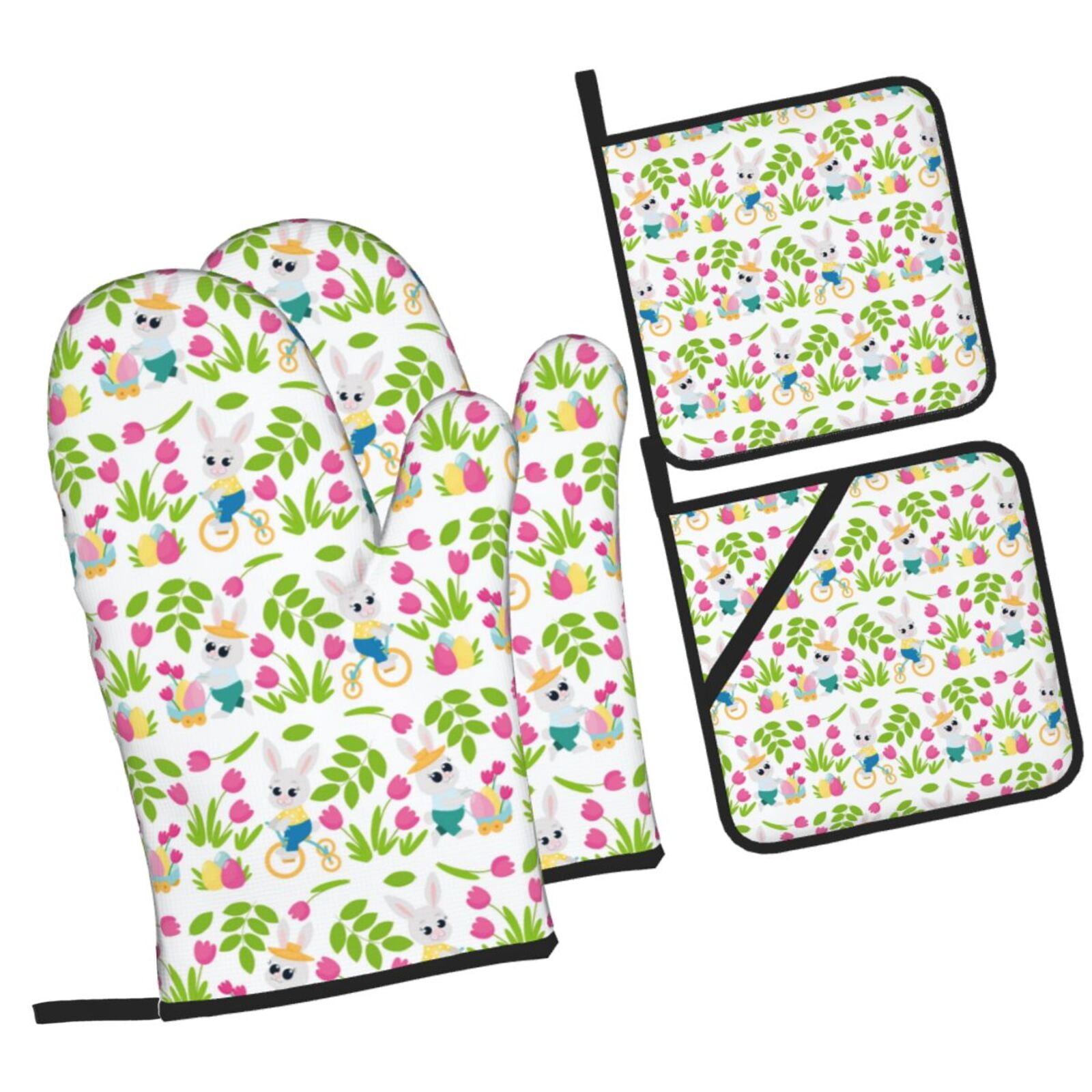 Naloa Happy Easter Oven Mitts and Pot Holders 4 pcs Set, Cooking Baking Grilling Kitchen Oven Glove for Cooking