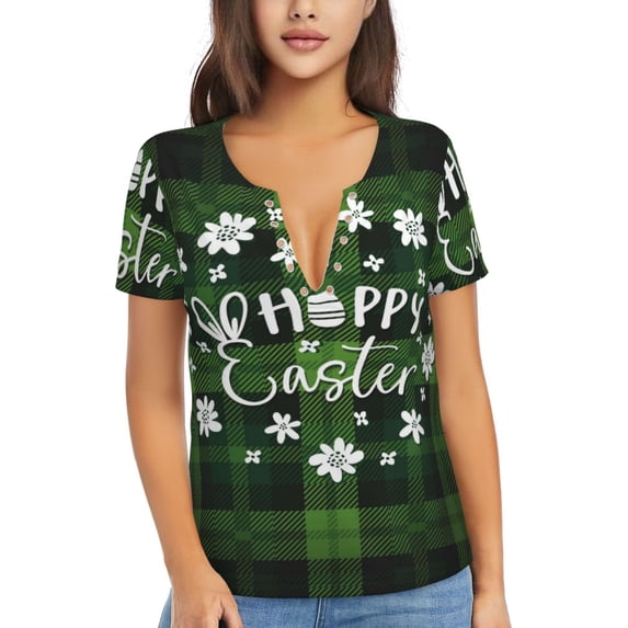 Naloa Happy Easter Print T-Shirts Short Sleeve V Neck Tees for Women Fashion Tops Trendy Lightweight Soft Casual Summer Outfits Clothes