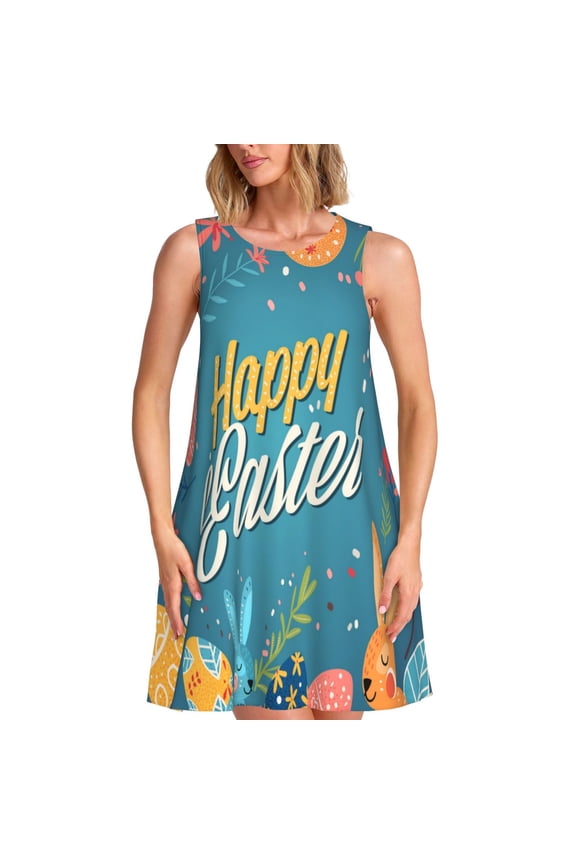 Happy Easter Print Women's Summer Spring Casual Beach Sundress,Vacation Sleeveless Tank Crewneck Loose Dresses