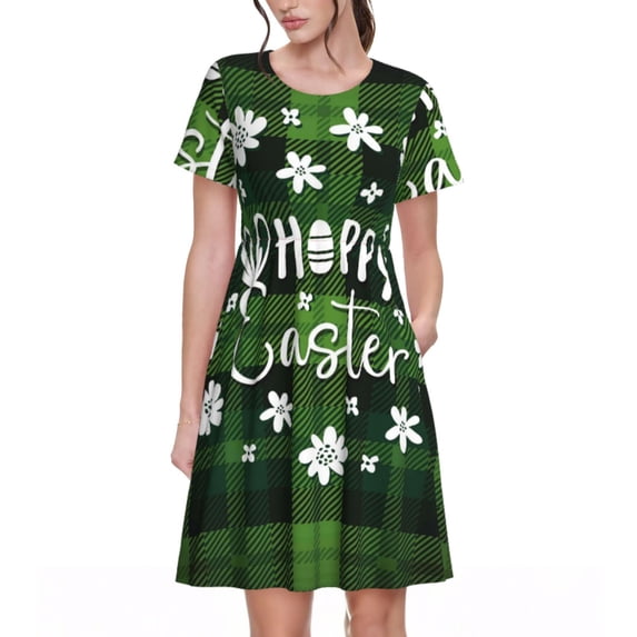 Naloa Happy Easter Print Womens Summer A-Line Dress with Pockets,Short Sleeve Dresses,Flowy Beach Swing Dress for Vacation Travel