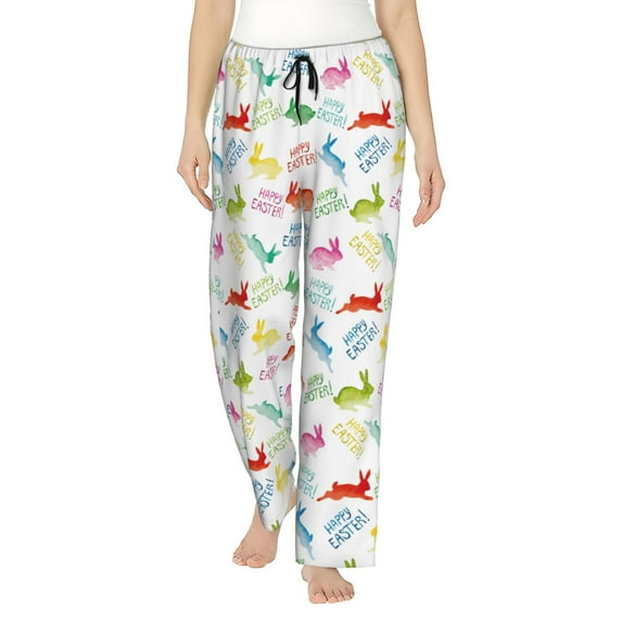 Naloa Happy Easter Rabbit Print Women’s Ultra-Soft Comfy Pajama Lounge Pants with Pockets & Drawstring