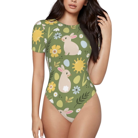 Naloa Happy Easter Women's Short-Sleeved Onesie, One-Piece Swimsuit for Parties, dates, clubs - Medium