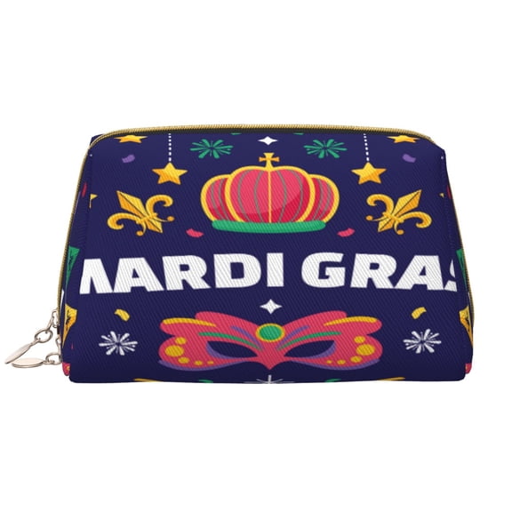 Naloa Happy Mardi Gras Leather Makeup Bag for Purse Travel, Portable Small Cosmetic Organizer for Women and Girls, Make up Bag with Zipper