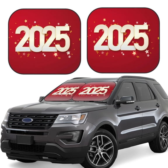 Naloa Happy New 2025 Year Print 2-Piece Windshield Sunshade,Foldable Car Front Window Sun Shades,for Most Sedans SUV Truck-Small