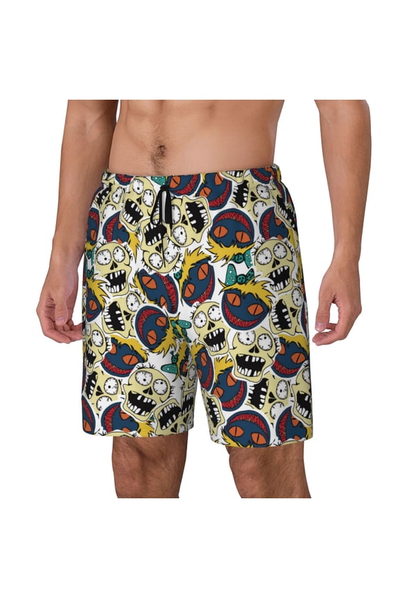 Happy Skeleton Print Men Swim Trunks with Compression Liner ,Board Shorts,Men's Swim Shorts with Drawstring and Elastic Waistband-Medium