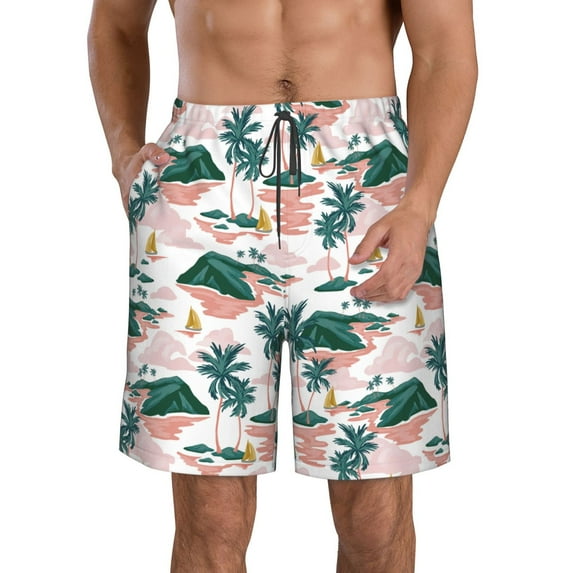 Naloa Hawaii Palms Men's Beach Shorts, Surfing shorts, Swim trunks, Quick Dry Swim Trunks for Surfing Beach Fun - Large
