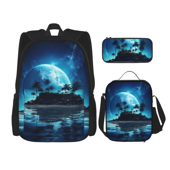 Naloa Hawaiian Beach Pirate Moon Print Large Capacity Backpack Lunch Bag Pencil Case Combination 3 Piece Set for Student