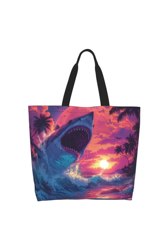 Hawaiian Island Beach Shark Tote Bag for Women Large Capacity Shoulder Bag for College Work Travel Shopping