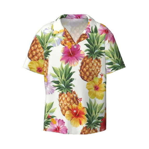 Naloa Hawaiian Pineappl Men's Loose Fit Cuban Collar Short-Sleeve Shirt with Button-down and Chest Pocket for Everyday Wear Outings - 4X-Large