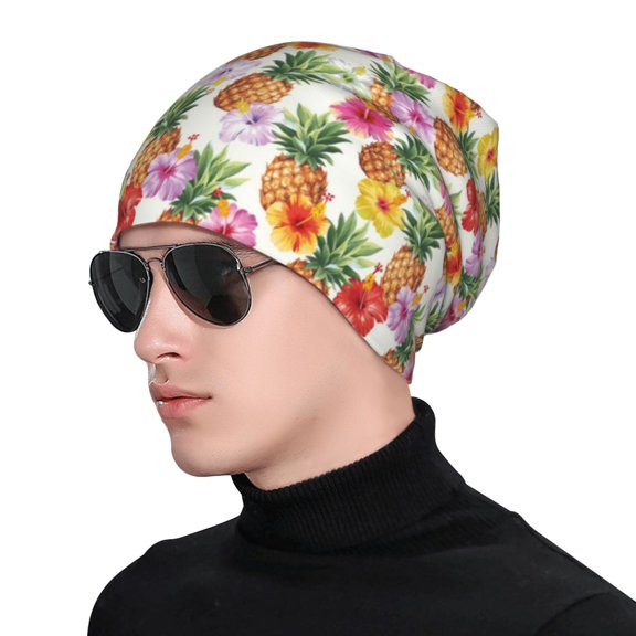 Naloa Hawaiian Pineapples And Hibiscus Flowers Soft Beanie Hat, Knit Beanie Daily Beanie in Fine Knit for Women Men Winter Travel, Outdoor
