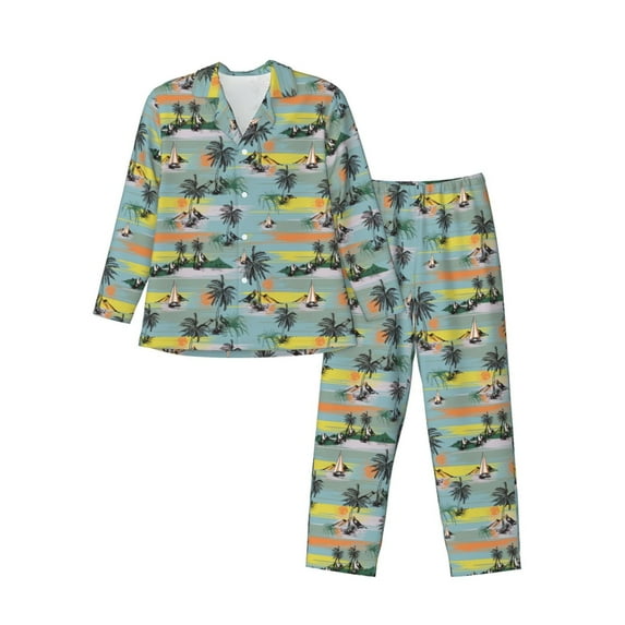Naloa Hawaiian Style Men’s Pajamas Set - Long Sleeve Button Down Sleep Shirt and Pajama Bottoms Sleepwear Set-Large
