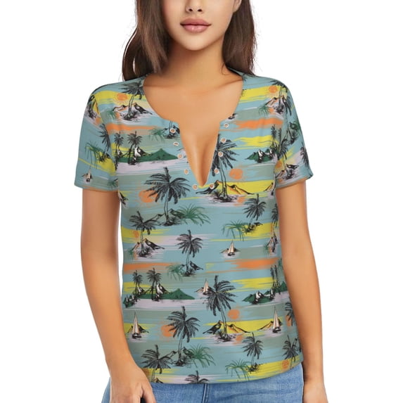 Naloa Hawaiian Style Print T-Shirts Short Sleeve V Neck Tees for Women Fashion Tops Trendy Lightweight Soft Casual Summer Outfits Clothes