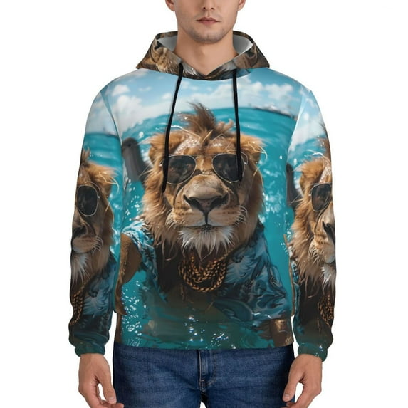 Naloa Hawaiian Swimming Lion Men's Casual Hooded Collar Drawstring Hoodies Pullover Sweatshirts Casual Long Sleeve Shirts-Small