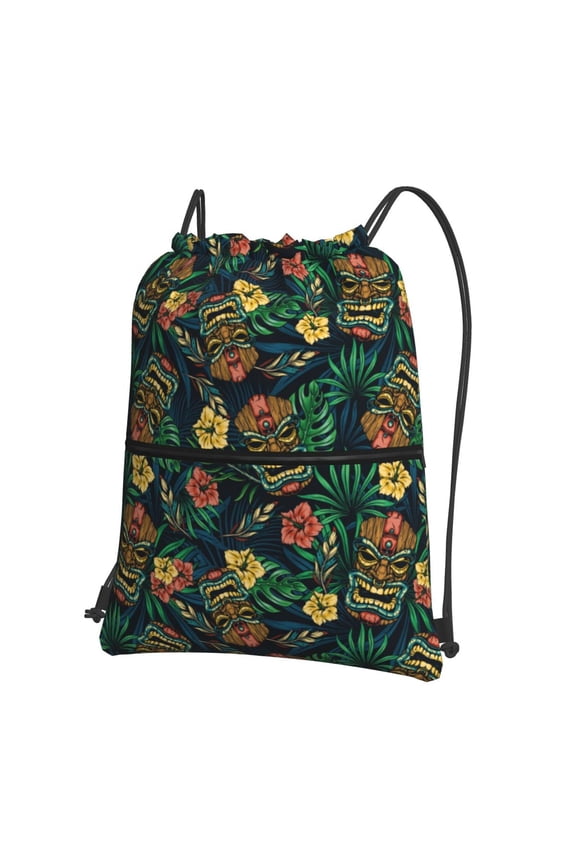 Hawaiian Tribal Mask Drawstring Backpack String Bag Cinch Water Resistant for Gym Shopping Sport Yoga